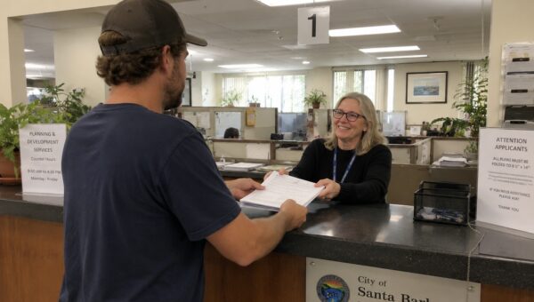 Homeowner submitting ADU permit application at Santa Barbara planning counter