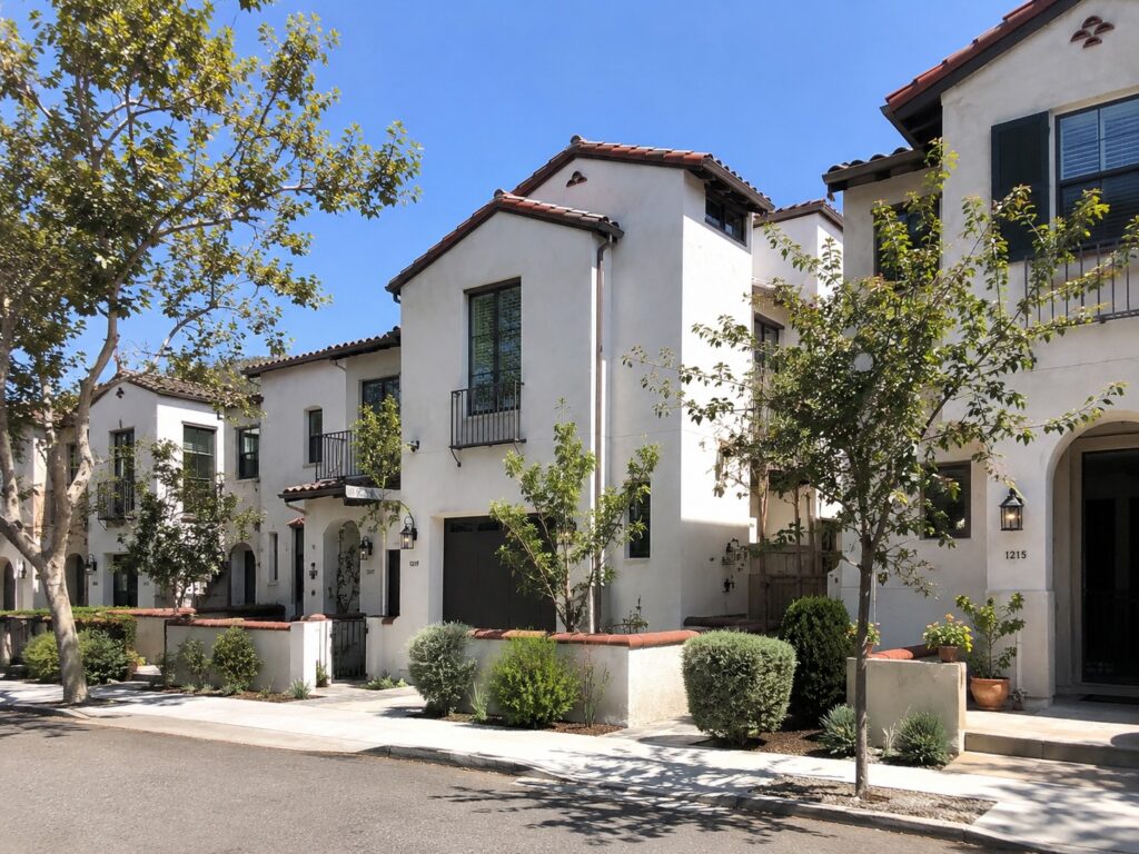 Small infill starter homes on subdivided lots in a California neighborhood