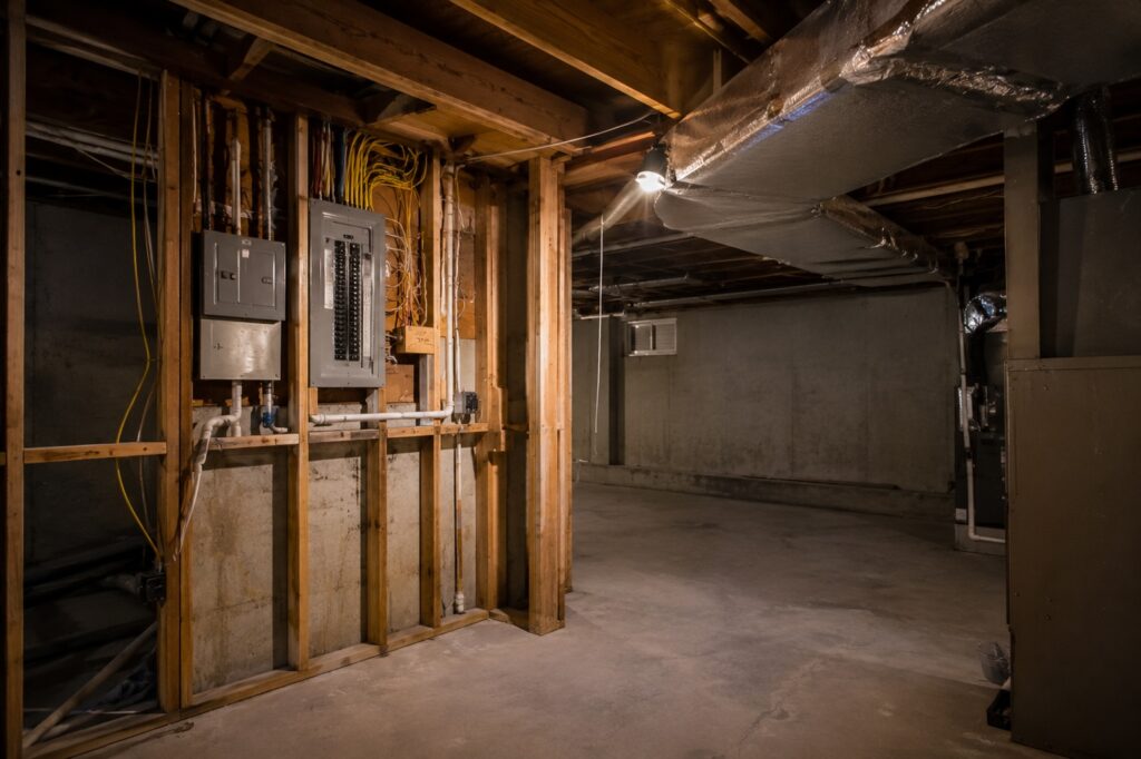 Unfinished basement utility area showing electrical and mechanical systems requiring permit review