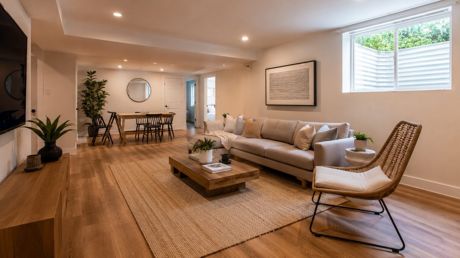 Fully finished basement living space in a Santa Barbara home with egress window and natural light