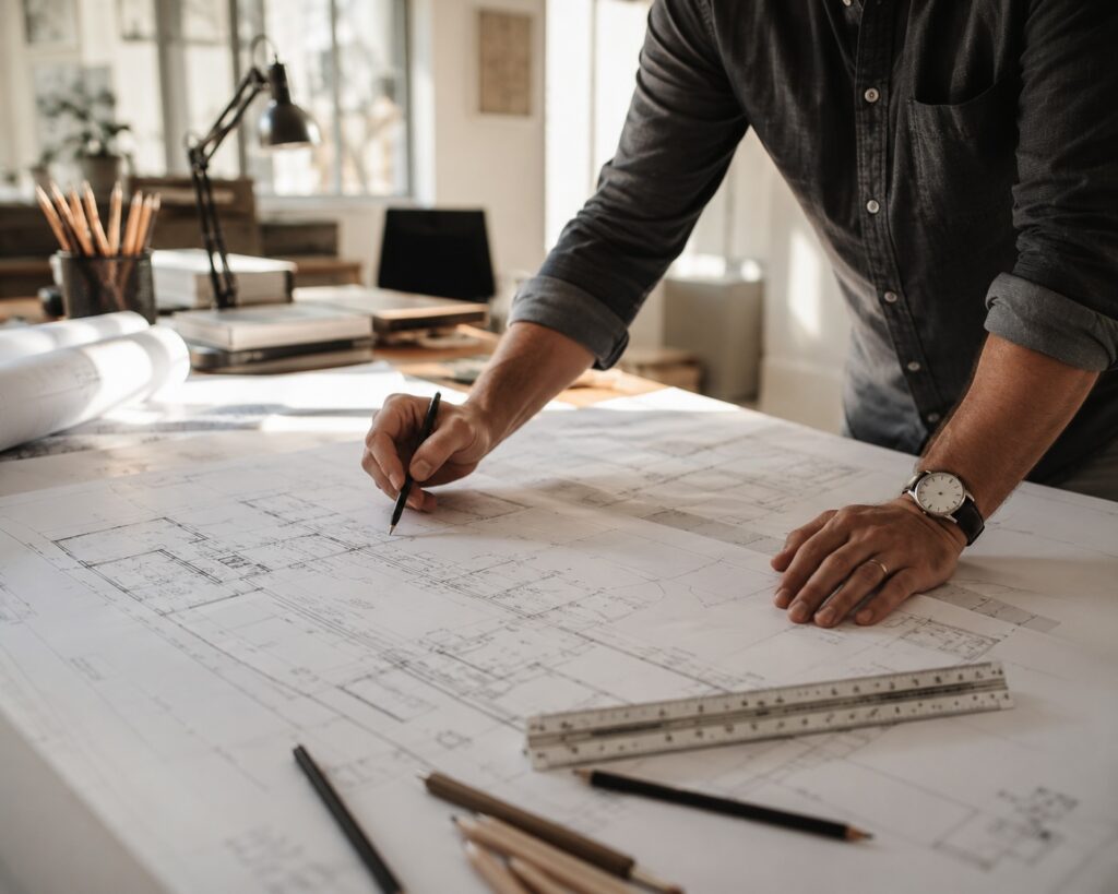Architect reviewing home remodeling plans at a drafting table in Santa Barbara