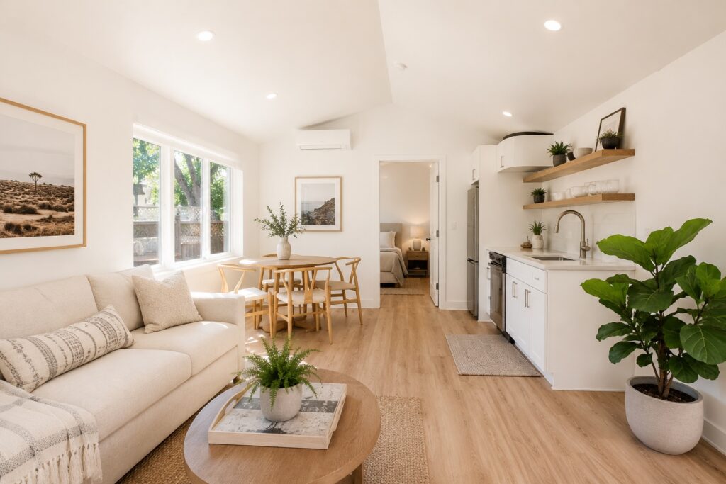 Finished interior of a converted garage ADU in Santa Barbara with modern kitchen and natural light