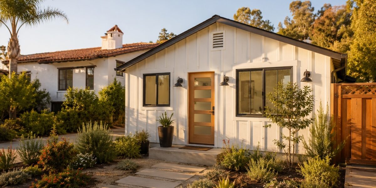 Converted garage ADU exterior in a Santa Barbara residential neighborhood