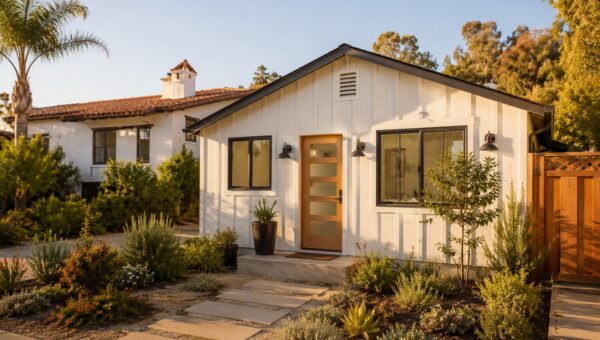 Converted garage ADU exterior in a Santa Barbara residential neighborhood