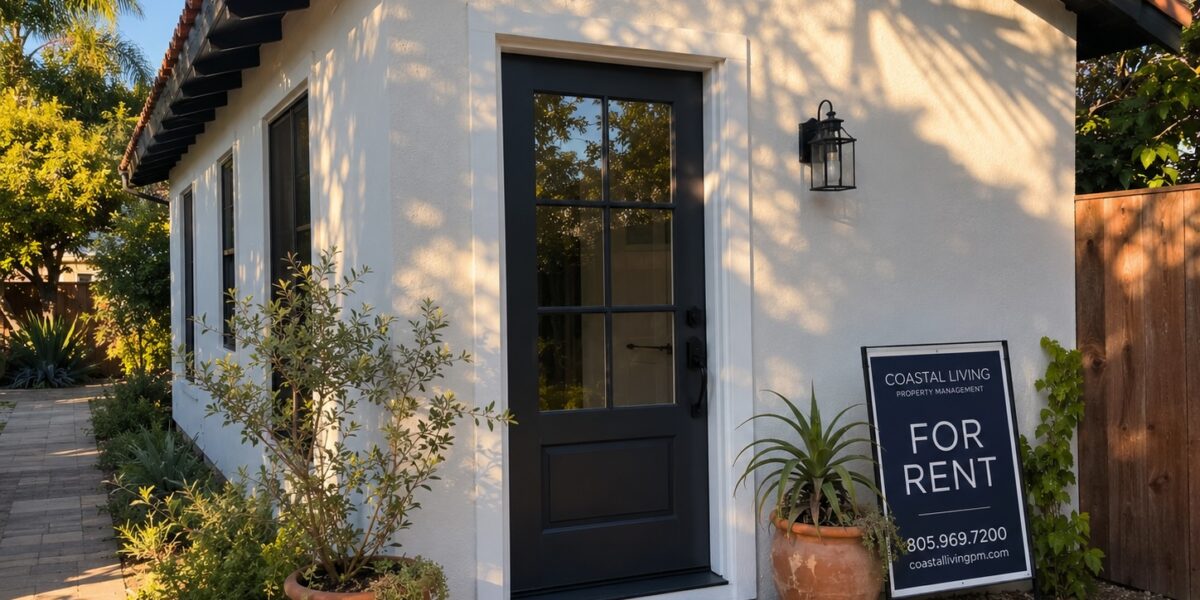 Detached ADU entrance in Santa Barbara backyard with for rent sign
