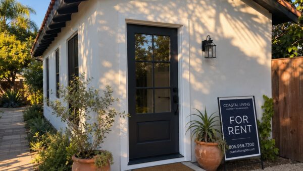 Detached ADU entrance in Santa Barbara backyard with for rent sign