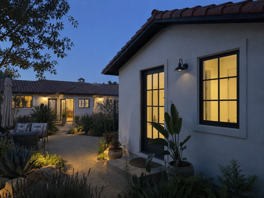 Detached accessory dwelling unit with warm interior lights at dusk in Santa Barbara backyard