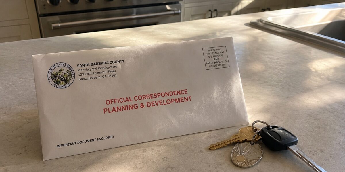 Official notice of violation envelope on a Santa Barbara homeowner's kitchen counter