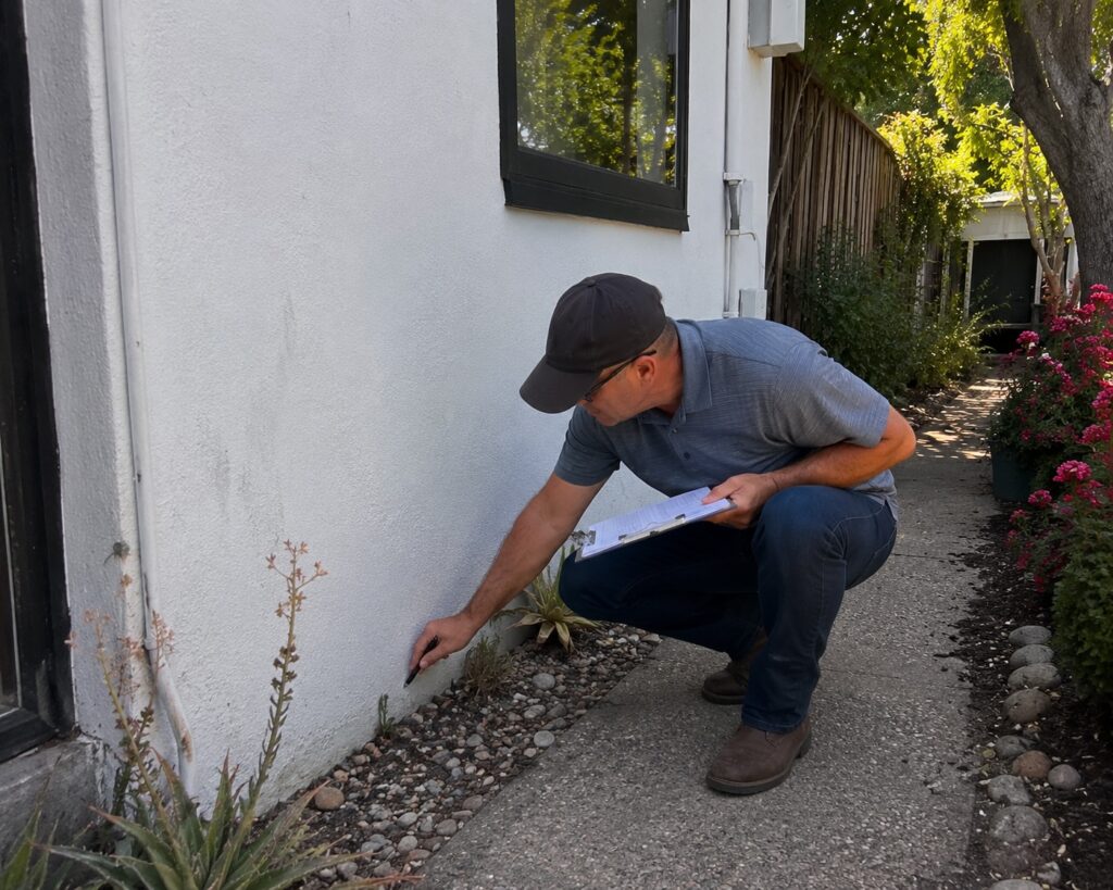 Home inspector examining unpermitted converted garage structure in Santa Barbara backyard