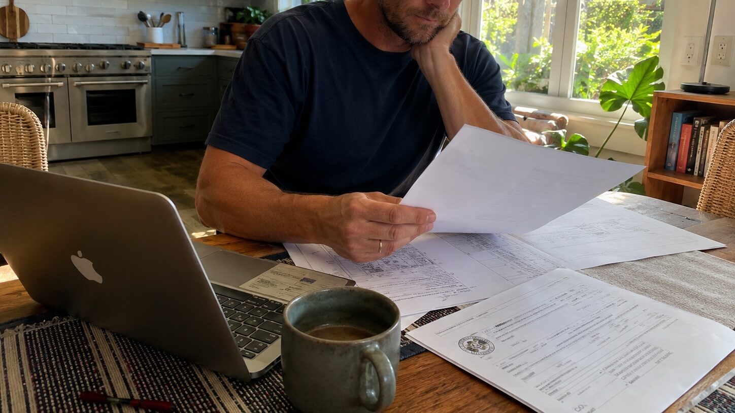 Santa Barbara homeowner reviewing notice of violation documents at kitchen table