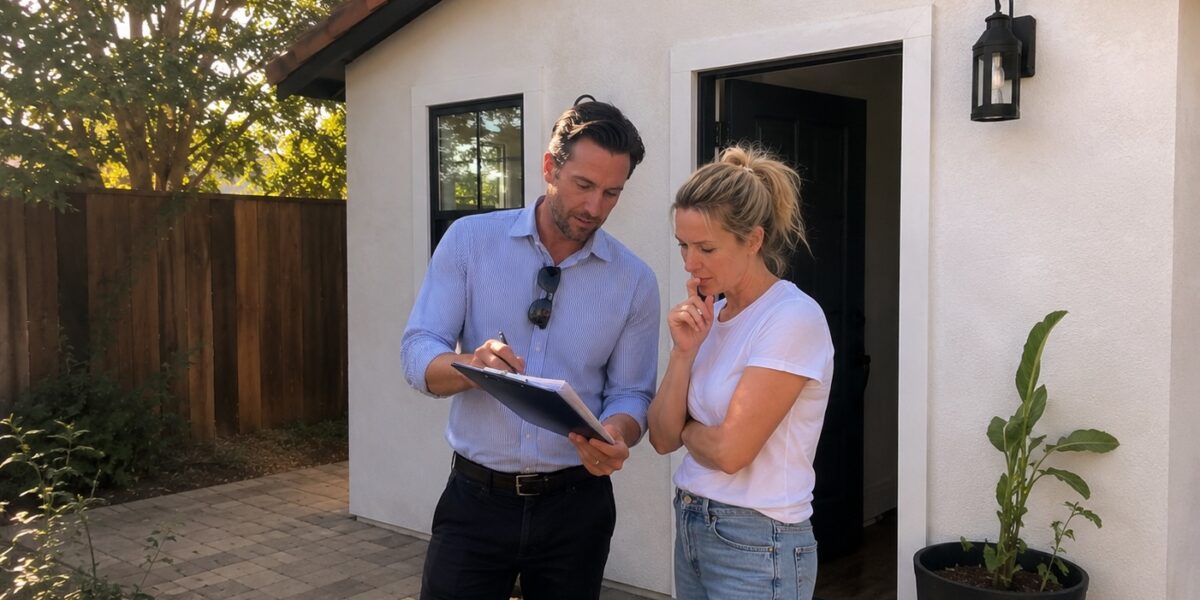 Real estate agent and homeowner reviewing unpermitted work documents in Santa Barbara backyard