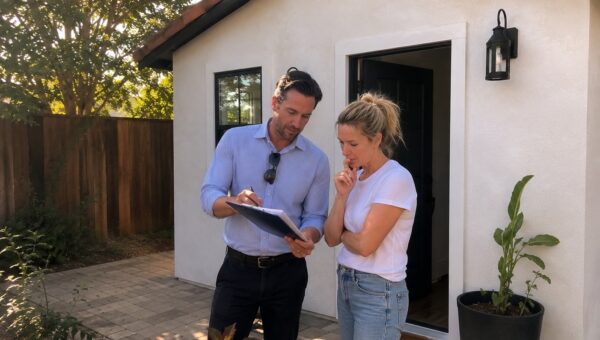 Real estate agent and homeowner reviewing unpermitted work documents in Santa Barbara backyard