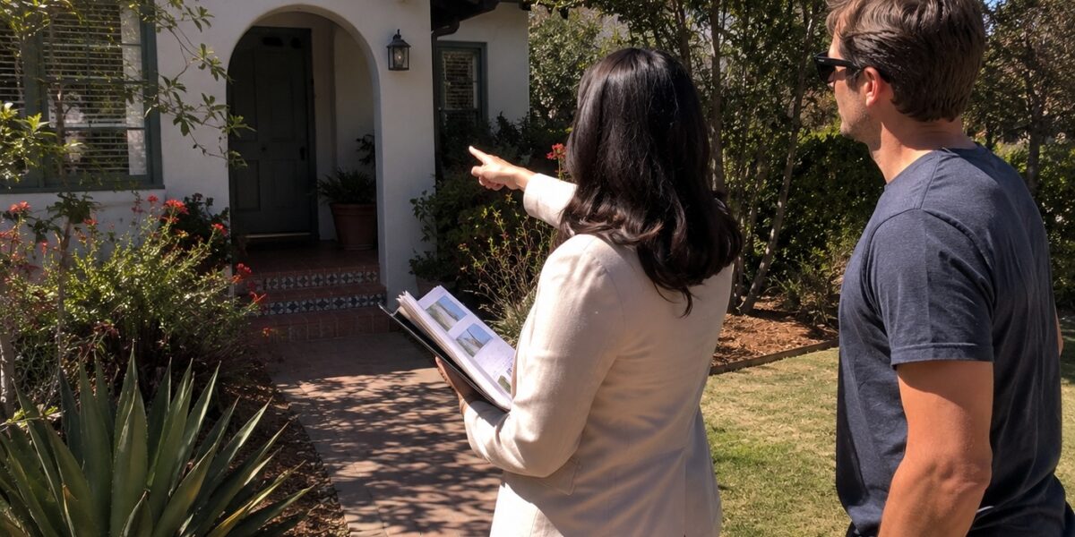 Real estate agent reviewing a permit history Santa Barbara report with a buyer