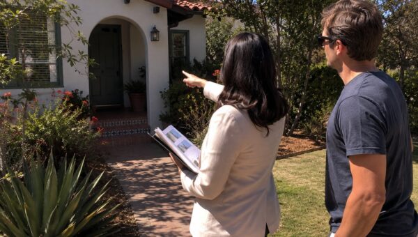 Real estate agent reviewing a permit history Santa Barbara report with a buyer